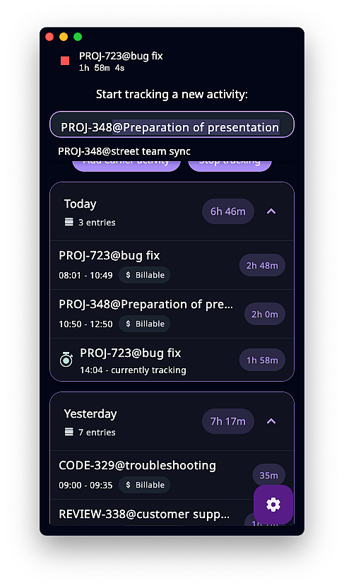 Trackself desktop time tracking screen with task history and categorization.