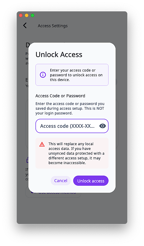 Trackself access settings screen showing the Use access method action on the Access Code card.