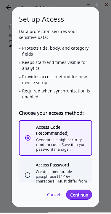 Trackself access setup dialog for configuring data protection recovery.