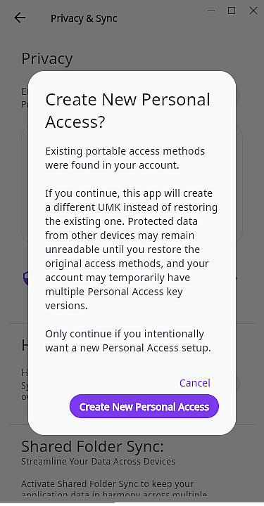 Trackself desktop warning dialog showing that Create New Personal Access starts a separate personal access.