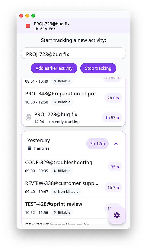 Trackself desktop app showing active tracking and recent entries across multiple days.