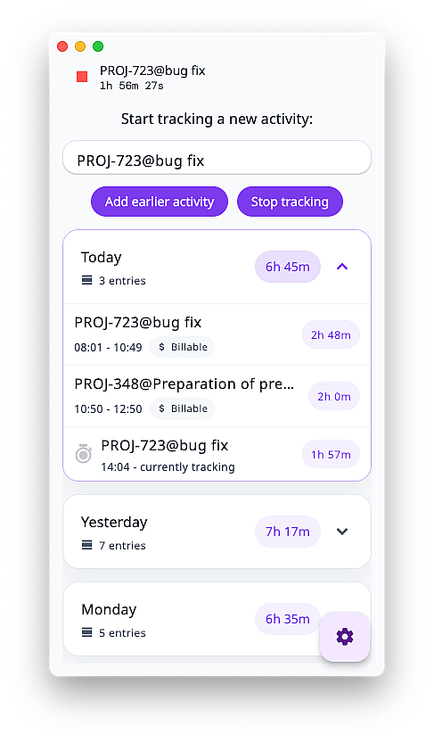 Trackself desktop app showing a running task and recent time entries.