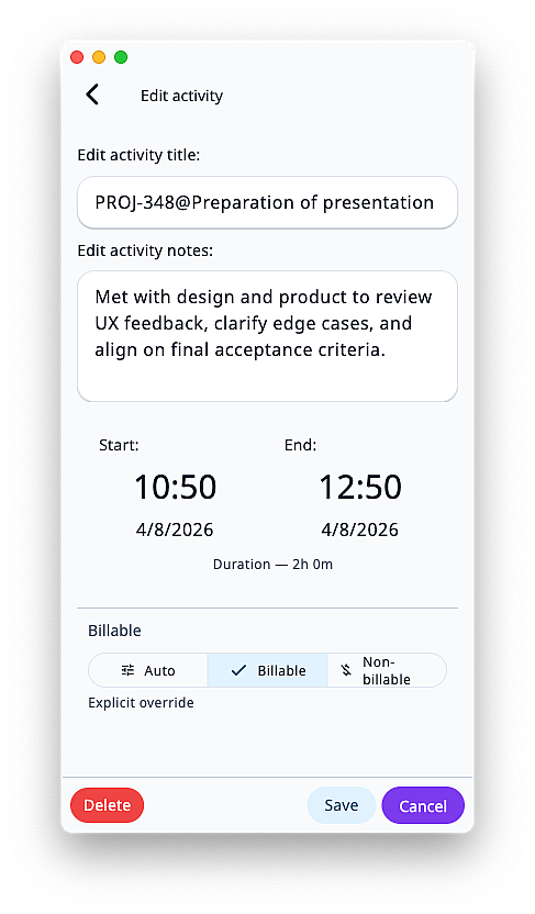 Trackself desktop app showing protected time-entry editing and encrypted workflow controls.