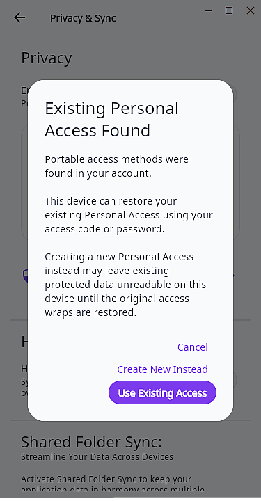 Trackself desktop dialog showing the choice between reusing an existing personal access method and creating a new one.