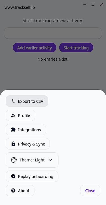 Trackself desktop menu showing the Export to CSV option.