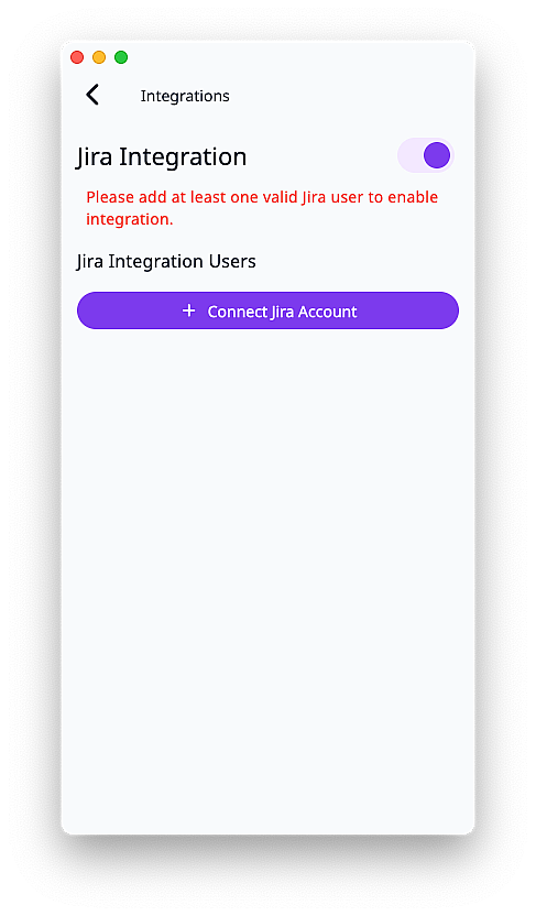 Trackself integrations screen showing Jira Integration enabled and a connected account section.
