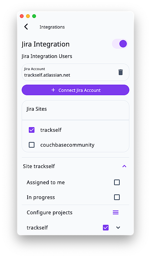 Trackself Jira configuration screen showing site, project, and issue type controls.