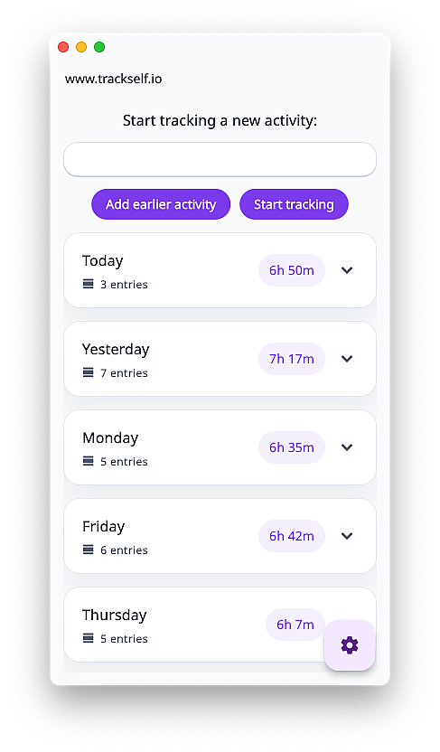 Trackself desktop app showing the main tracking view while not actively tracking.