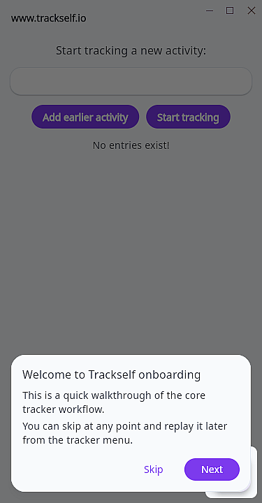Trackself desktop onboarding welcome screen introducing first-run setup.