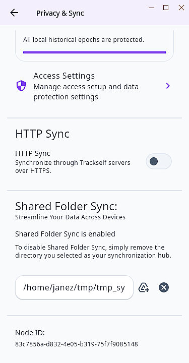 Trackself Privacy and Sync screen showing shared folder selection.