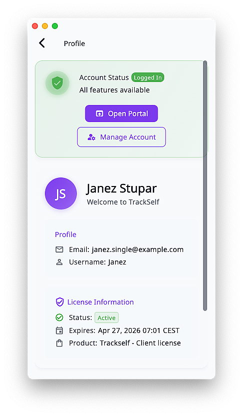 Trackself profile screen showing account details and licensing status.