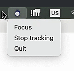 Trackself system tray or menu bar menu showing focus, stop tracking, and quit actions.