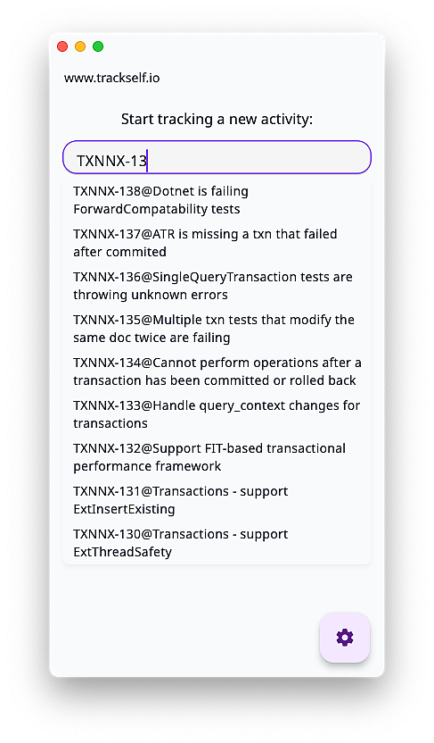 Trackself desktop quick entry field showing autocomplete suggestions.