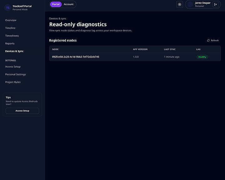 Trackself portal devices and sync page showing registered desktop nodes and sync health.