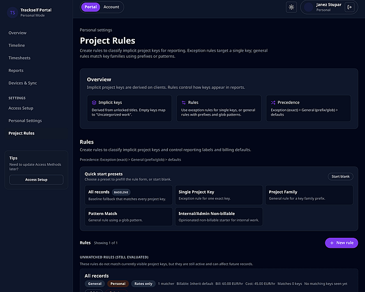 Trackself portal project rules page showing the rules list and rate-driven project labels.