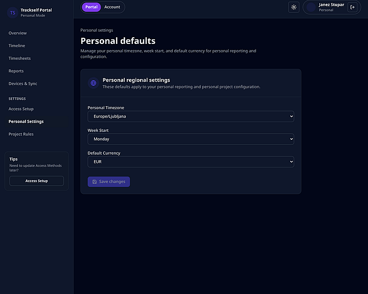 Trackself portal personal settings page showing timezone and currency defaults.