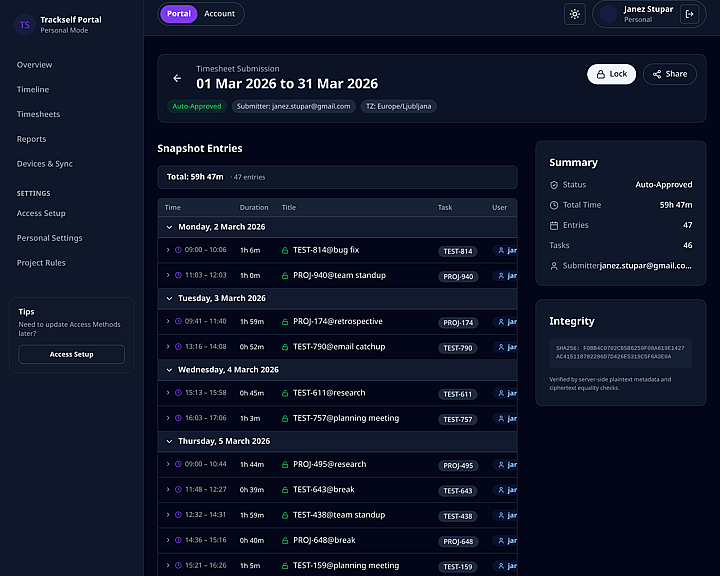 Trackself portal timesheets workflow for submission and review.