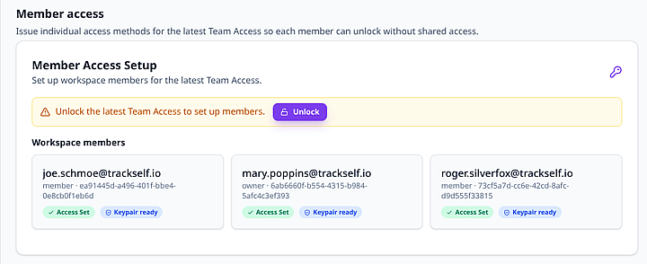Trackself portal Access Setup page showing the unlock flow and access portal controls.
