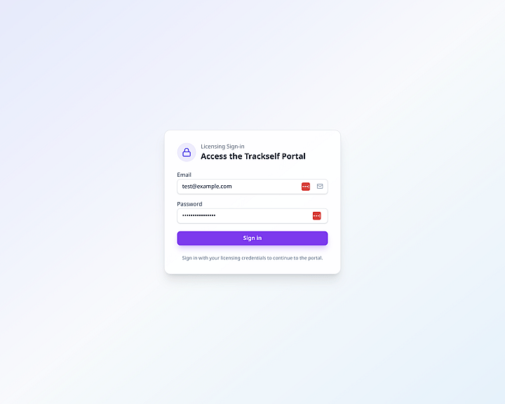 Trackself portal login page with email and password fields.