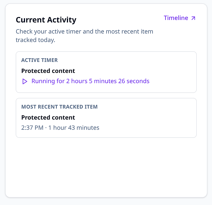 Trackself portal Current Activity card showing an active timer and latest tracked entry.
