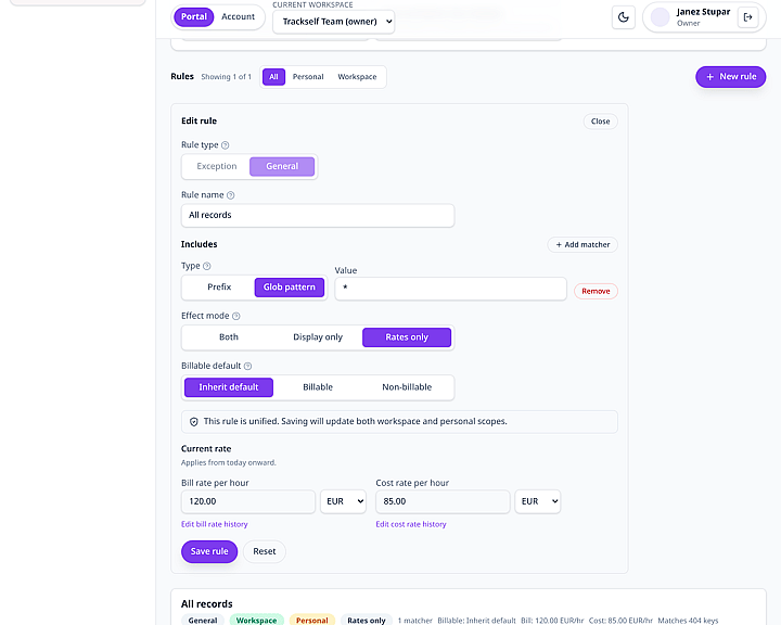 Trackself portal project rule form with match pattern and rate configuration.