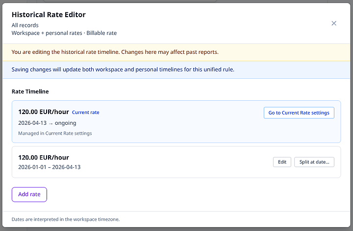 Trackself portal historical rate editor showing timeline segments for a project rule.