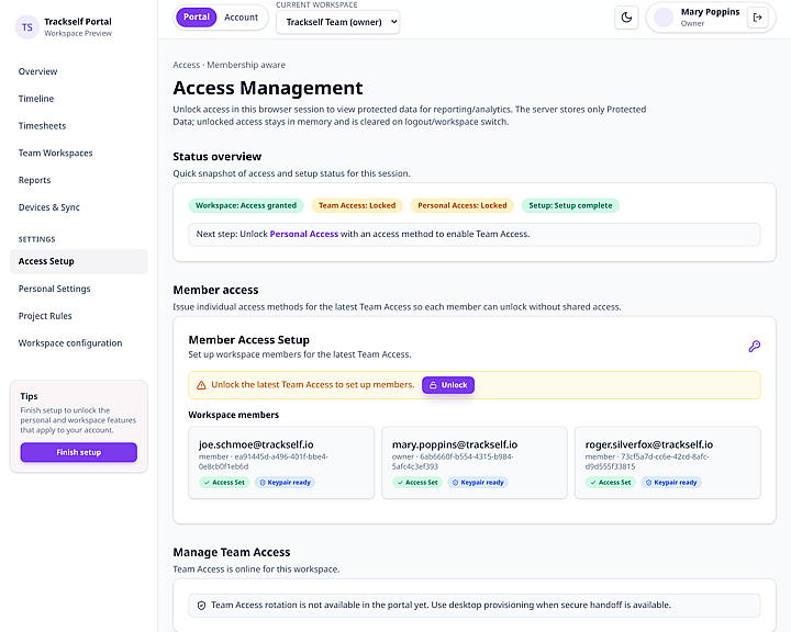 Trackself portal access setup screen for trusted browser and unlock controls.