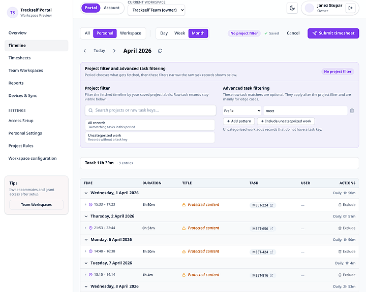 Trackself portal timeline in timesheet preparation mode with filters.