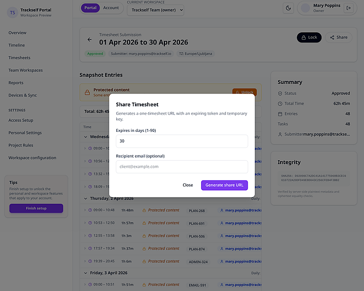 Trackself portal timesheet sharing dialog showing expiry and recipient options.