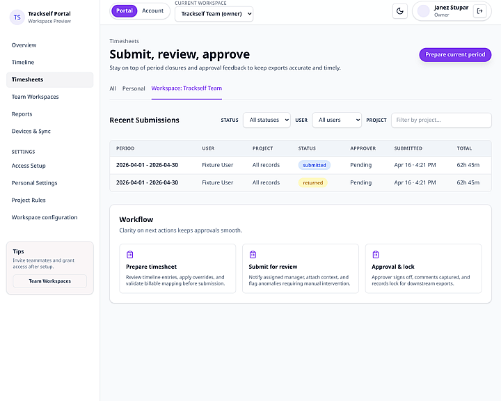 Trackself portal timesheets list page with filters and status badges.