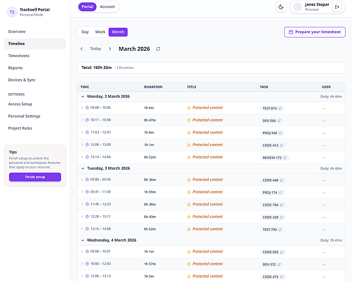 Trackself portal showing protected content behavior and privacy-aware review.