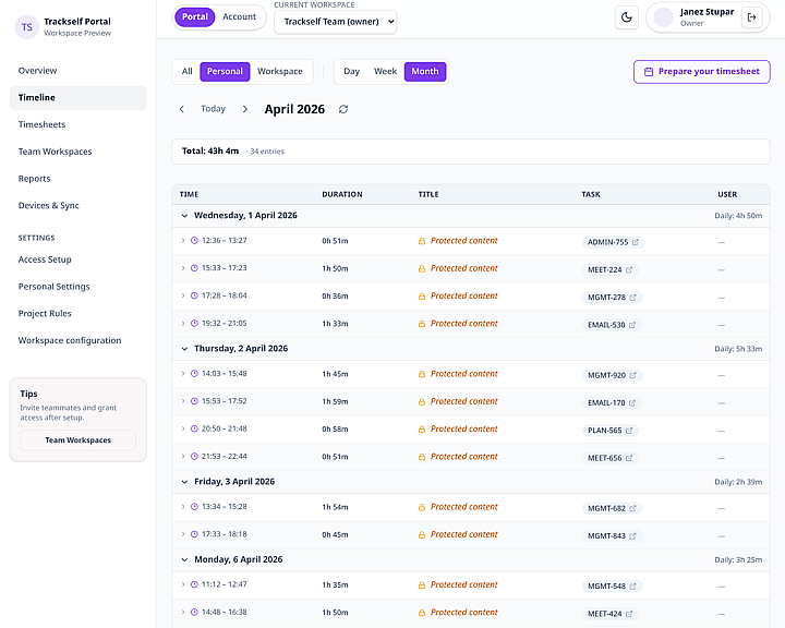 Trackself portal timeline view with tracked entries and time filters.