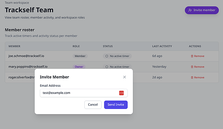 Trackself Invite Member modal with the email input field visible.