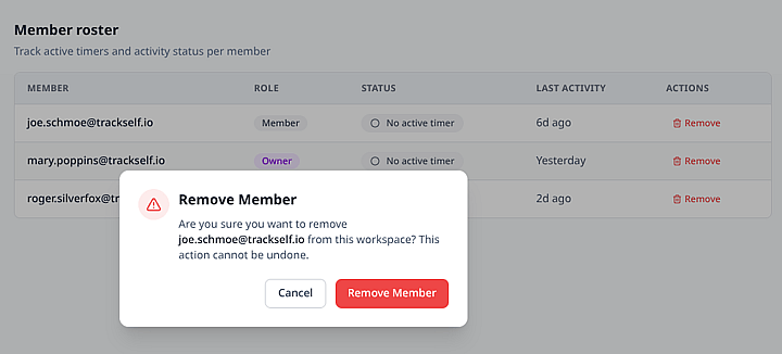 Trackself remove member confirmation dialog.