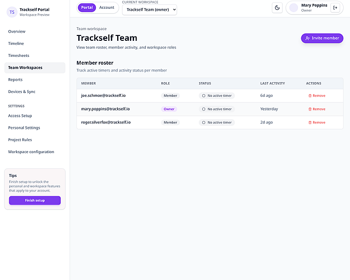 Trackself team workspaces page showing the member roster table.
