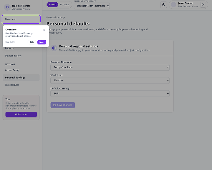 Trackself portal guided tour step highlighting a sidebar navigation item.