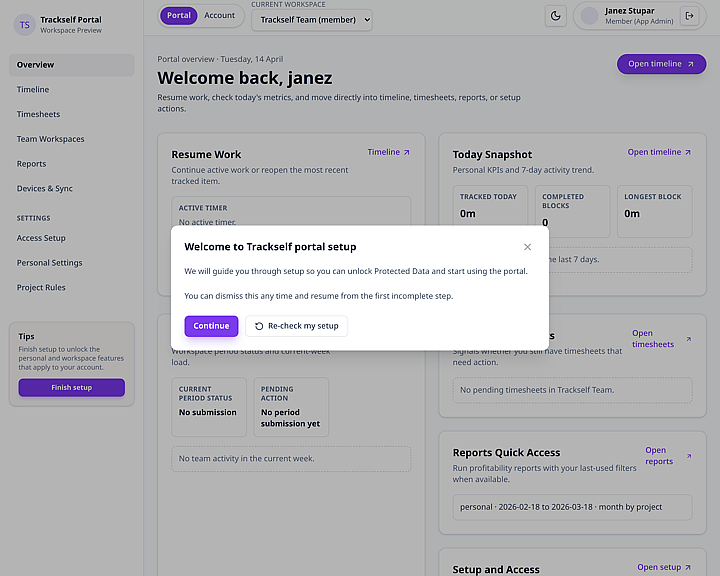 Trackself portal onboarding wizard welcome screen.