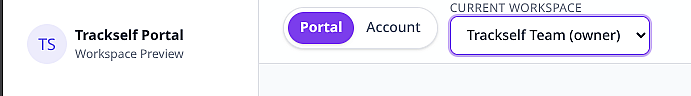 Trackself workspace switcher dropdown in the portal header.